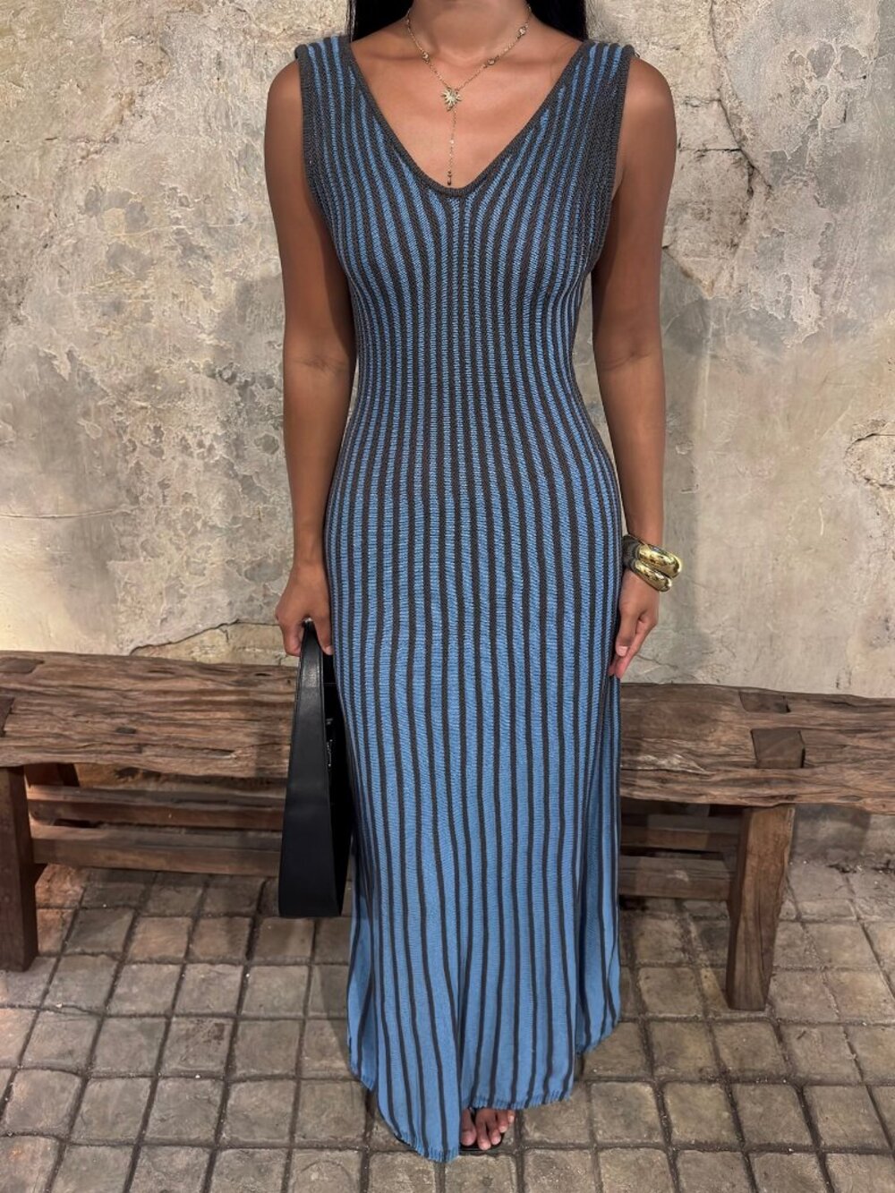 Blue Elegant Women's Striped Knit Long V-Neck Dress - Picture 7 of 7
